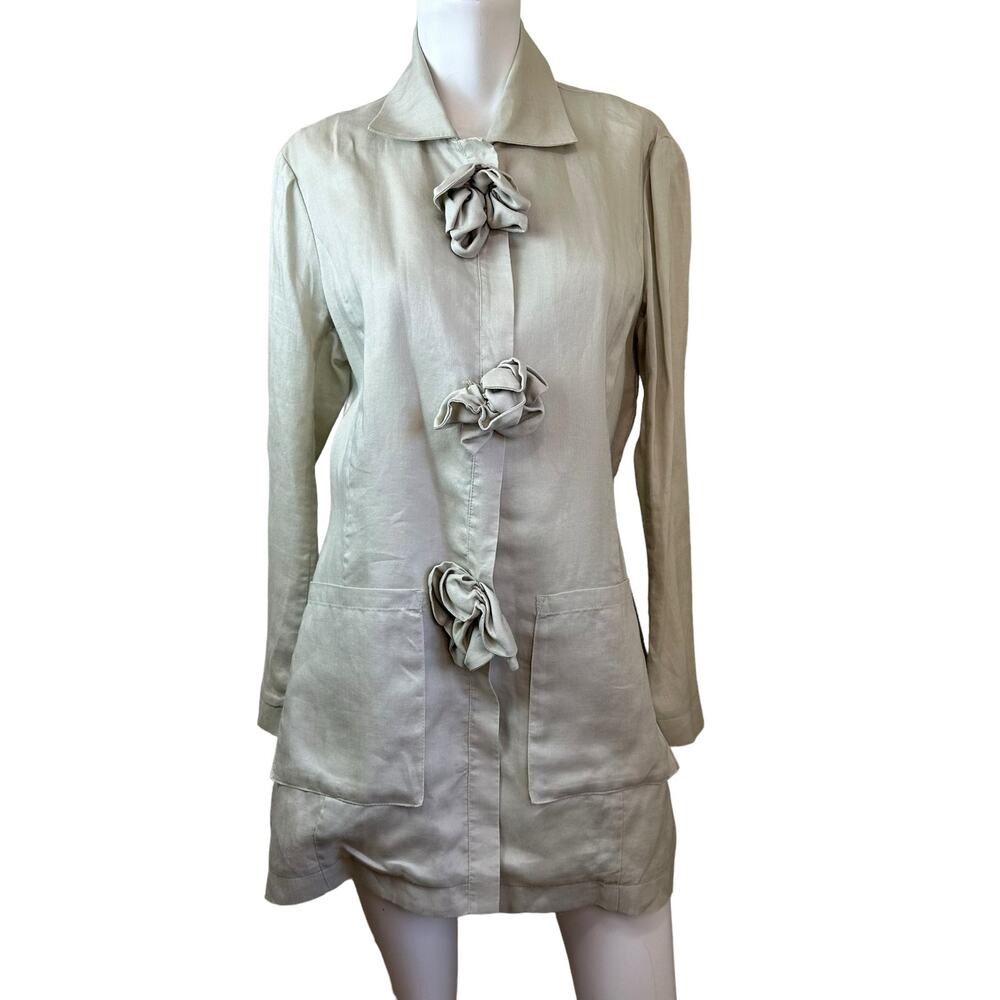 anne fontaine Myoko PO9216 Rose Adorned Long Length Beige Linen Jacket sz 42=10
